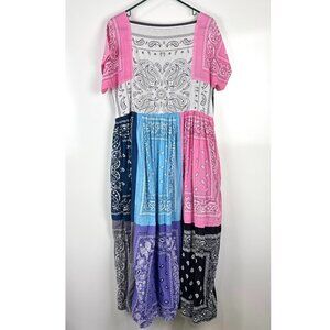 Women's Handmade Bandana Short Sleeve Maxi Dress Long Pockets Colorful